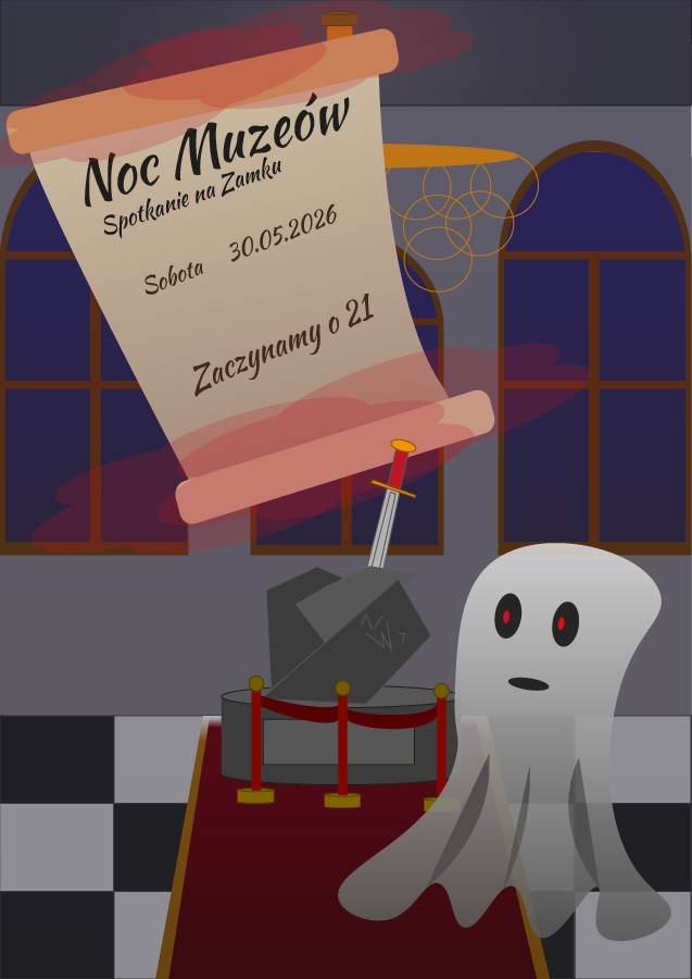 Plakat Noc w Muzeum - Grafika wykonana na zajęciach w LCKZiU - Technik Grafiki i Poligrafii Cyfrowej w Lublinie - Centrum Kształcenia Zawodowego i Ustawicznego - LCKZiU